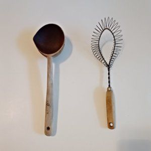 2 Antique Kitchen Utensils:  Wooden Ladle & Whisk